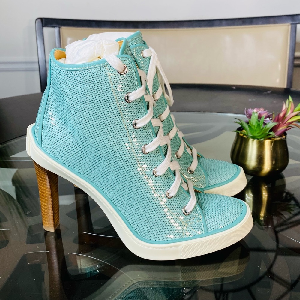 Ralph Lauren Purple Label Sneaker Pumps Turquoise Sequins Women’s Size 8 New